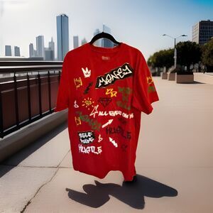 BIG & TALL BLEEKER & MERCER MENS HEAVYWEIGHT RED TSHIRT GRAFFITI DESIGN GUC